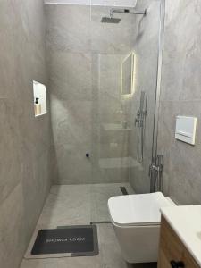 a bathroom with a shower room with a toilet and a sink at Nina's Home in Shkodër +1 photo