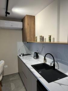 a kitchen with a sink and a counter top at Nina's Home in Shkodër