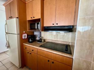 ルキリョにあるBeachfront condo at Costa Azulのキッチン(木製キャビネット、白い冷蔵庫付)