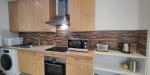 ロマンヴィルにあるL'Écrin Parisien - Proche Métro -Direct Paris - 4 personnesのキッチン(カウンタートップ、電子レンジ、シンク付)