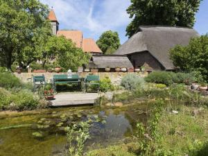 a garden with a table and chairs next to a pond at Ostseewelle Comfortable holiday residence in Middelhagen