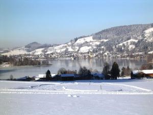 una montaña cubierta de nieve con una ciudad y un lago en Haringer Comfortable holiday residence, en Schliersee 8 fotos más