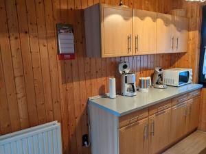GroßwürdenにあるEul F5 with winter gardenのキッチン(木製キャビネット、カウンター、電子レンジ付)
