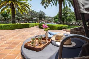 アリアテにあるAndalusische Luxus-Finca Villa La Almunia Garden Rondaのパティオに帽子とグラスが置かれたテーブル