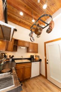 a kitchen with wooden cabinets and a sink at Cozy Cedar Cabin Near Silverwood Theme Park - Sleeps 5 - Quiet & Private in Spirit Lake