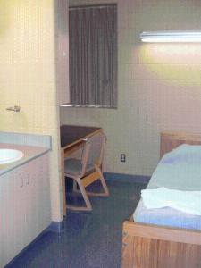 a bathroom with a sink and a desk and a bed at Hotel Laurier - King Street Residence in Waterloo