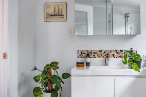 a bathroom with a sink and a mirror and a plant at Wellness Escape- Near Town & Beach- Sea La Vie in Margaret River Town +31 photos