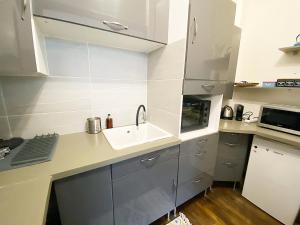 Una cocina con gabinetes blancos y un fregadero. en Le Cathédrale - Hypercentre - Wifi, en Reims