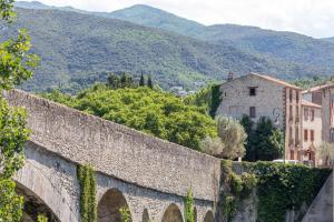un viejo puente de piedra con montañas en el fondo en Vermeille - Appt 2p avec jolie vue, en Céret