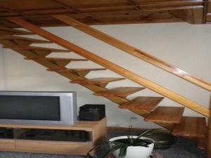 a wooden staircase in a living room with a tv at Ferienwohnung "Ganz 1" in Vipperow