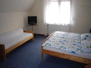 a small bedroom with two beds and a television at Ferienwohnung "Ganz 1" in Vipperow +2 photos