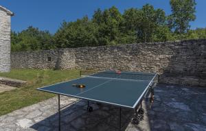 Una mesa de ping-pong en un patio con una pared de ladrillo. en Villa Ana Rita for 6 people - beautiful rustical villa with heated pool & jacuzzi in Central Istria, en Kanfanar