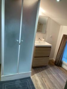 a bathroom with a shower and a sink at Charmante Maison l Jardin l Clim in Carbes