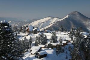 a village covered in snow with mountains in the background at Duplex au cœur de la station in Ustou