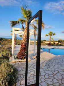 a wedding arch and a palm tree next to a pool at Villa Melody Novalja in Novalja