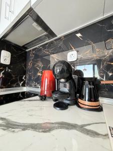 a kitchen counter with a coffee maker on a counter top at Candi Luxury Suites 2 in Neos Marmaras