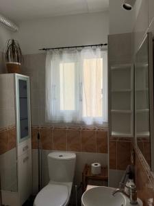 Un baño con inodoro, lavabo y ventana. en Apartment in residential complex with pool, en Klorakas