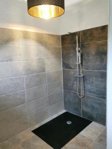 a bathroom with a shower with a black floor at Maison pour 4 personnes in Lesperon +8 photos