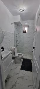 a white bathroom with a toilet and a sink at Apartament central pe pietonala nr2 in Hunedoara