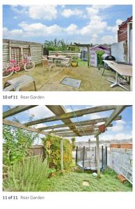 Dos fotos de un patio con una mesa y una mesa de picnic. en Family home away from home, en Chatham