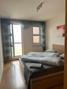 a bedroom with two beds and a large window at Ski Apartmán Salomon in Loučná pod Klínovcem