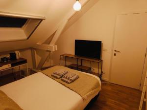 a small room with a bed and a flat screen tv at 2Bangkok residence in Ghent