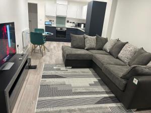 a living room with a couch and a kitchen at Kinzo's Apartment in Chatham