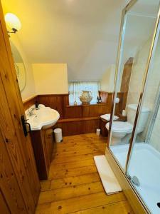 a bathroom with a shower and a sink and a toilet at The Snug at Cherry Cottage by MaisonPro in Matson