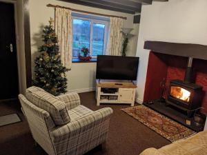 a living room with a christmas tree and a fireplace at Samuel cottage in Caernarfon