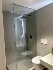 a bathroom with a shower with a toilet and a sink at Loft Atemporal, centro de Ciudad Real in Ciudad Real