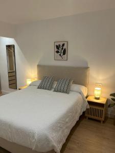 a bedroom with a white bed with two pillows at Loft Atemporal, centro de Ciudad Real in Ciudad Real