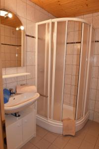 ein Bad mit einer Dusche und einem Waschbecken in der Unterkunft Haus Carnot in Samnaun