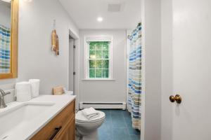 a bathroom with a toilet and a sink and a shower at Close to Bayside Game Room w Pool Table in Brewster +33 photos