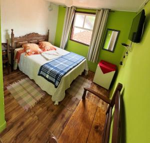 a green bedroom with a bed and a window at Suítes Cantinho Gostoso in Lavras Novas