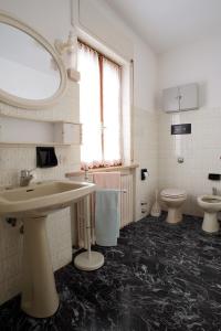 a bathroom with a sink and a toilet and a mirror at B&B Colli's Dolomites in Belluno