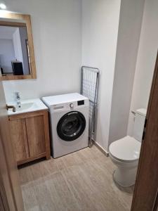 a bathroom with a washing machine and a toilet at City Vibe Apartments in Someşeni