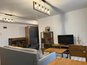 a living room with a couch and a tv at City Vibe Apartments in Someşeni