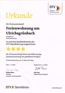 Certifikát, hodnocení, plakát nebo jiný dokument vystavený v ubytování Ferienwohnung am Ulrichsgrünbach