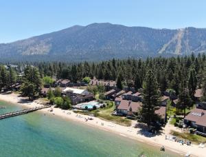 an aerial view of a beach with a resort at Sky Lake Splendor condo in South Lake Tahoe