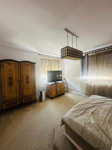 a bedroom with a bed and a flat screen tv at Căsuța din povești in Oradea