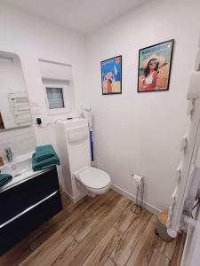 a white bathroom with a toilet and a sink at Au Petit Nid in Bergues