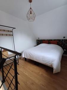 a bedroom with a white bed and a hanging light at Au Petit Nid in Bergues +12 photos