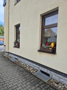 two windows with flowers in them on a building at Ferienwohnung am Hammerberg in Schönheide
