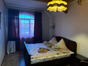 a bedroom with a bed with a window and a chandelier at Villa Vesta in Dolnāja