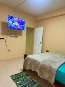 a bedroom with a bed and a flat screen tv on the wall at Cozy one bedroom apartment pool side in Lambeau +4 photos