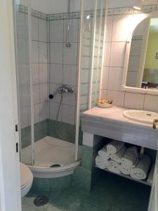 a bathroom with a shower and a sink and a toilet at The Mayflower Studios & Apartments in Moraitika