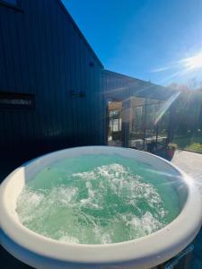 特尔希艾Lake House的建筑物旁的浴缸里装满了绿水