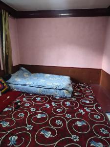 a bedroom with a bed and a red carpet at Ак калпак in Kalday