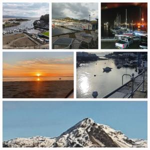 a collage of four pictures with boats in the water at lovely apartment porthmadog harbourside views of mountains festiniog railway in Porthmadog +2 photos