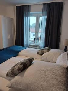 twee bedden met kussens in een slaapkamer met een raam bij Busch Apartment im Zentrum in Bad Harzburg